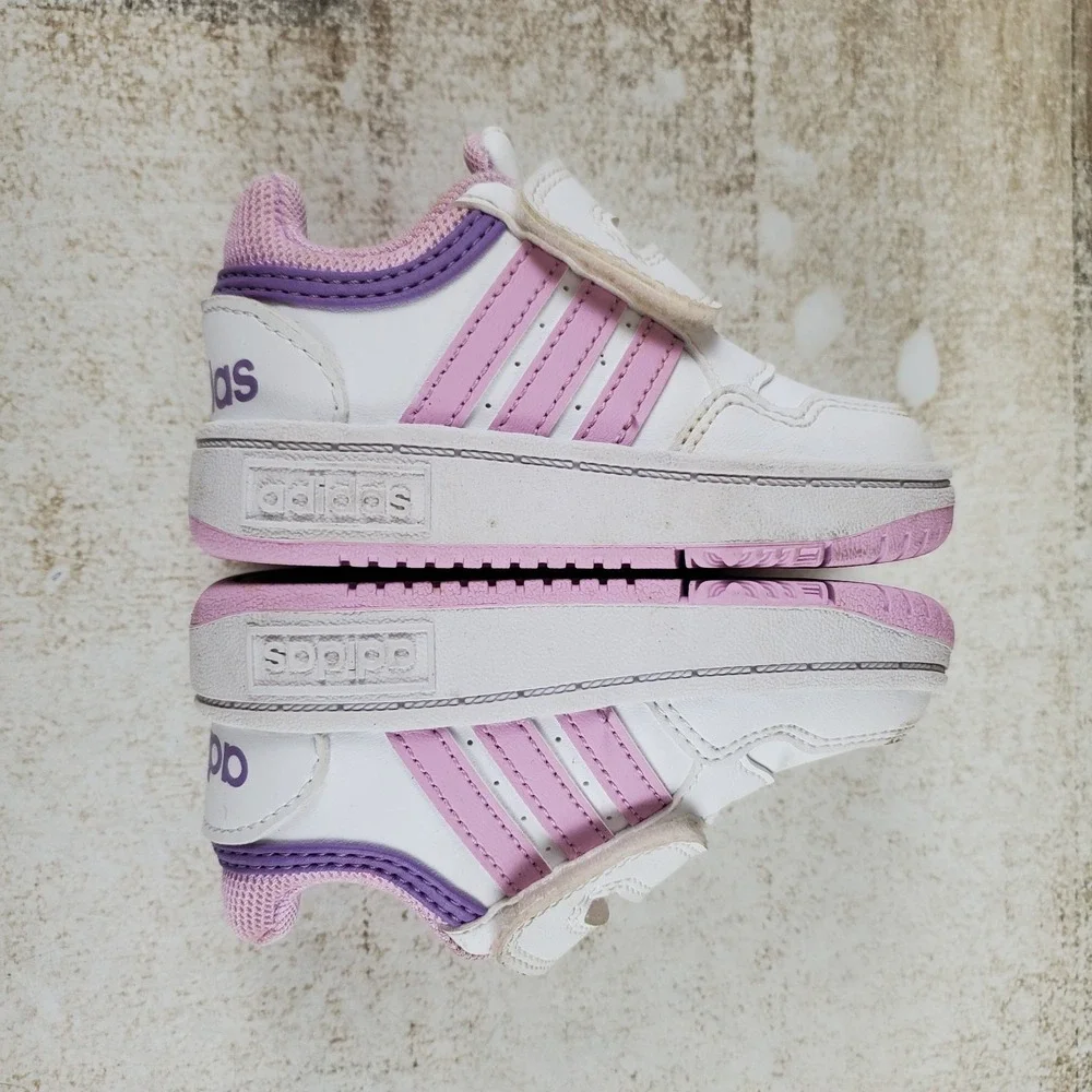Adidas Hoops 3.0 Kids Sport Shoes Sz 5 Comfort White Lilac Round Toe Hook & Loop